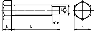 Form B Sechkantschrauben mit Auslauf, Zapfen, kleinem Sechskant, Gewinde bis Kopf DIN 561 B